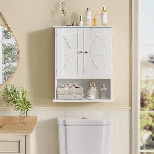 Bathroom Wall Cabinet, Over The Toilet Space Saver Storage with Barn Doors & Adjustable Shelf, Hanging Medicine Cabinet, White 7.1" D x 15.4" W x 19.3" H - color: White, size: 7.1"D x 15.4"W x 19.3"H