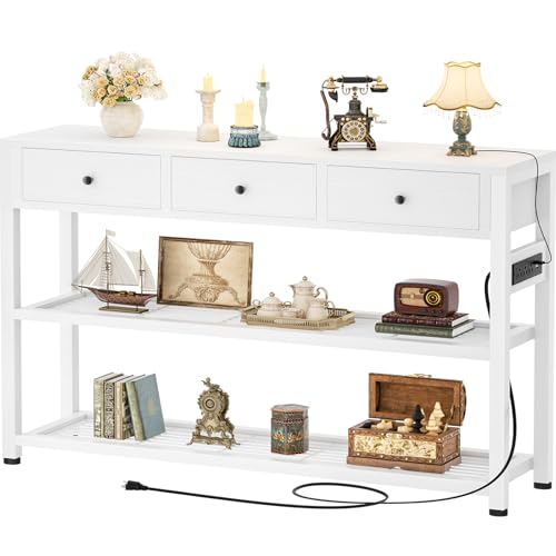Ecoprsio 47'' Entryway Table with Outlets and USB Ports, Console Table with 3 Drawers, Sofa Table Narrow Long with Storage Shelves for Living Room, Couch, Hallway, Foyer, Kitchen Counter, White - color: White, size: 47-In