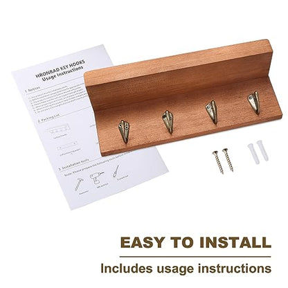 HRONRAD Rustic Key Holder for Wall, Farmhouse Wall Shelf with 4 Hooks, Wall Mounted Key Racks, Wooden Mail Organizer with Hooks for Entryway (Brown - Oak) - color: Brown - Oak