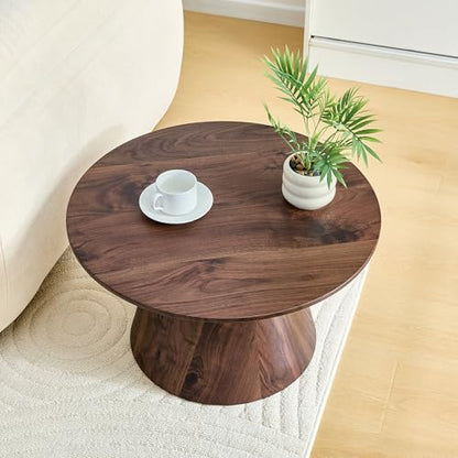 Walnut Coffee Table, 23.6" Small Coffee Table, Natural Wood Grain Round Tabletop with Wooden Cone Base, Round Living Room Table with Adjustable Feet, Mid Century Center Table for Apartment,Small Space - color: 23.6" Walnut Coffee Table