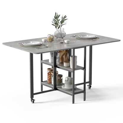 Mondeer Folding Dining Table, Drop Leaf Dining Table for Saving Space with Wheels and 2-Layer Storage Shelf, Modern Kitchen Table for Living Room, 55.1" W x 31.5" D x 29.5" H, Grey