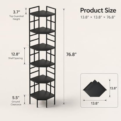 Corner Shelf, 6 Tier Industrial Corner Bookshelf Bookcase, Black | 76.8"Inch Tall,USB LED Light,Anti-Tip Protection, Plant Stand for Living Room, Kitchen, Home Office