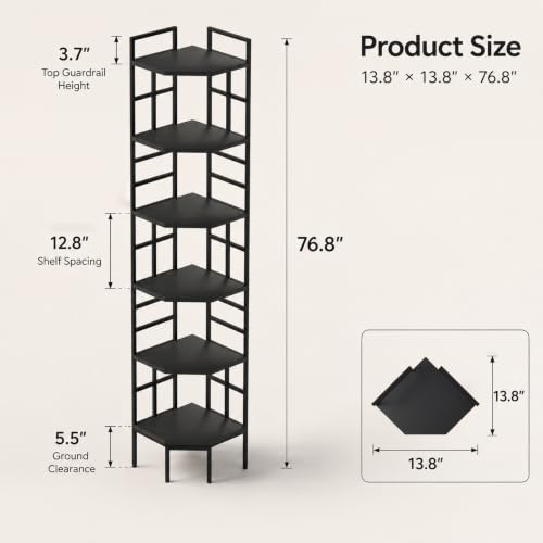 Corner Shelf, 6 Tier Industrial Corner Bookshelf Bookcase, Black | 76.8"Inch Tall,USB LED Light,Anti-Tip Protection, Plant Stand for Living Room, Kitchen, Home Office