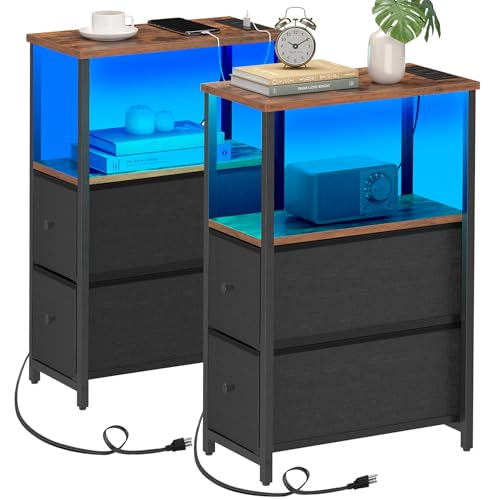 TUTOTAK Narrow LED End Table with Charging Station, Skinny Side Table | Bedside Table with Outlets, Nightstand with 2 Cloth Drawers, Couch Table for Living Room, Bedroom, Brown and Black TB01BB056K - color: Brown and Black, style: 2 Drawers with Plug & Li