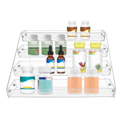 PMMASTO 4-Tier Clear Acrylic Spice Rack Organizer for Cabinet Countertop | Raised Step Design, Keeps Spice Jars, Seasonings and Cans Visible, Ideal for Countertops, Kitchen Cabinets and Pantry Storage - size: 4 Tier - inner width 1.93"