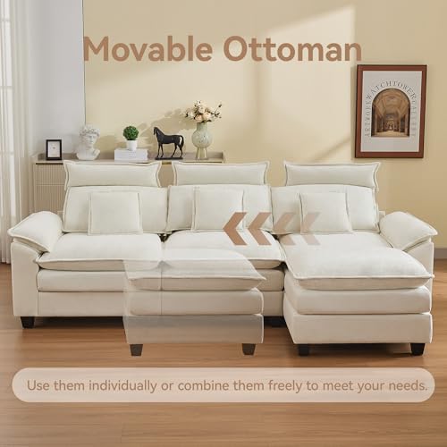 103'' Cloud Modern 3 Seater Couch with Detachable Headrest, Modular Sectional Sofa with Ottoman, Oversized L Shape Chenille Comfy Sofa with Armrests for Living Room, Beige - color: Beige, size: L Shaped Couch