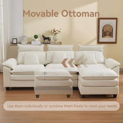 103'' Cloud Modern 3 Seater Couch with Detachable Headrest, Modular Sectional Sofa with Ottoman, Oversized L Shape Chenille Comfy Sofa with Armrests for Living Room, Beige - color: Beige, size: L Shaped Couch