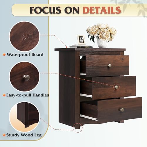 WLIVE Tall Nightstand with Charging Station, Wood Night Stand with 3 Drawers Storage, Bedside Table End Side Tables with 2 USB Ports and Outlets for Bedroom, Closet, Espresso | 3 Drawers Storage, Power Outlets(2AC+2USB), Easy Assembly, Premium Eco-friendl