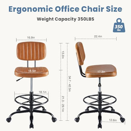 DUMOS Armless Drafting Chair, Standing Desk Chair, Rolling Stool | Ergonomic Low Back Office Seat, Height Adjustable with Footrest Ring, PU Leather, Swivel Wheels, Studio Lab Counter, Brown - color: Brown