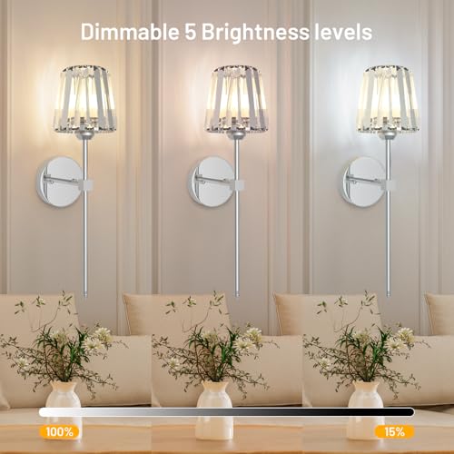 Crystal Battery Operated Wall Sconces Set of 2, Chrome Rechargeable Wireless Wall Lights with Crystal Lampshade, 12 RGB and 3CCT Dimmable Wall Lamps with Remote for Bedroom Living Room Hallway - color: Chrome