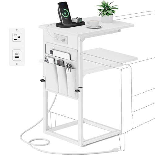 C Shaped End Table with Charging Station, Adjustable Height Side Table for Couch, Small Sofa Table for Small Spaces, Slide Under Sofa Table TV Tray Arm Tables for Living Room, Bedroom, White - color: White, style: With Plug