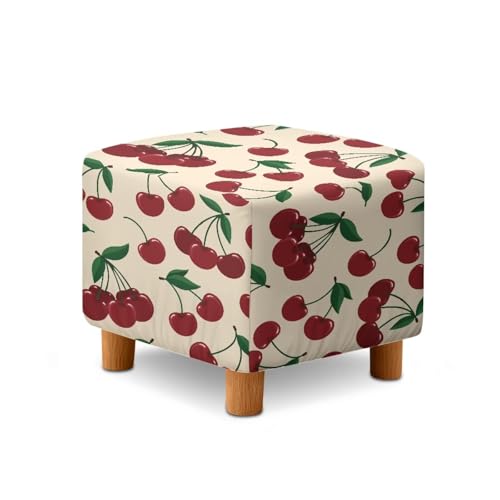 Cute Cherry Print Stretch Square Ottoman Cover Nonslip Elastic Band Bottom Footrest Stool Cover Protector for Square Ottoman 13x13x15 Inch - color: Cute Cherry
