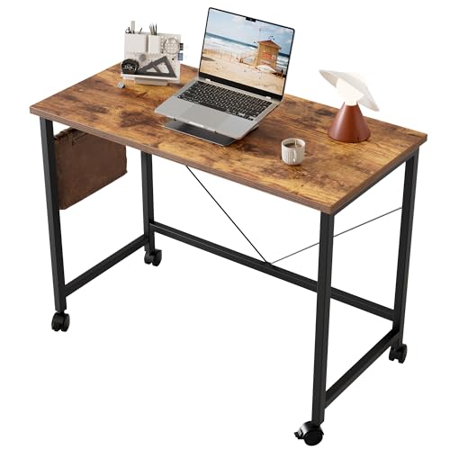 39x20 Inch Computer Desk with Wheels, Small Simple Rolling Desk | Writing Table for Home Office Bedroom Work Study, Brown - color: Rustic Brown, size: 39"x19.7"