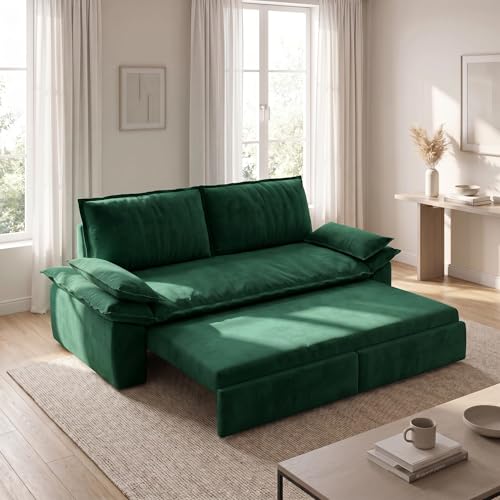 73" Convertible Queen Sofa Bed, Corduroy Pull Out Sofa Couch, Green | Soft Corduroy Fabric Sleeper Loveseat with Pull Out Bed, Ideal for Apartments and Guest Rooms, Convertible Sleeper Sofa Bed - color: Q-green-vc