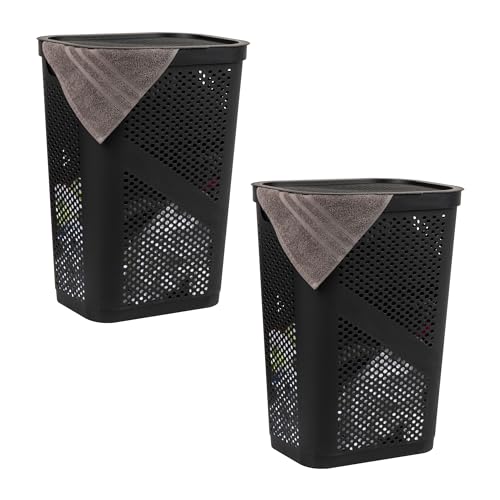 Mind Reader Slim Laundry Hamper with Lid, 60L Ventilated Clothes Baskets, Tapered Design for Bathrooms, Closets, Plastic, Set of 2, Black - color: Black, size: 2-Pack
