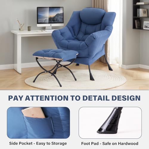 Lazy Chair with Ottoman, Comfy Reading Accent Chair, Blue | Foldable Footrest, Padded Seat and Backrest, Side Pocket for Lounging in Living Rooms, Bedrooms, Dorms and Small Spaces - color: Blue