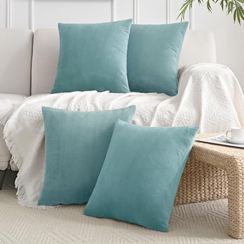 JELLYMONI Velvet Throw Pillow Covers 16x16 Set of 4, ICY Blue | Soft Luxury Feel, Gradient Color Design, Hidden Zipper Closure, Machine Washable, Decorative Home Accent - color: Icy Blue, size: 16" x 16" (Pack of 4)