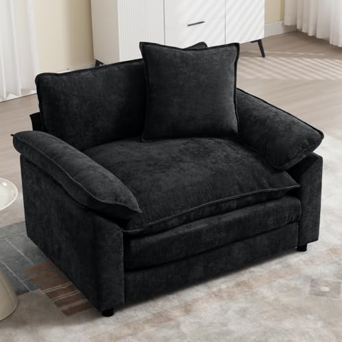 Modern Oversized Chair Set of 2, Comfy Chenille Accent Chair Large Upholstered Armchair with Extra Thick and Deep Seat Lounge Chair for Living Room,Bedroom,Apartment (Black) - color: Black, size: 2