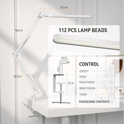 Led Desk Lamp - 31.5" Desk Light - 5 Color Modes X 11 Brightness Levels - Adjustable Swing Arm - Timmer & Memory Function - 12W Study Lamp - White - style: White swing arm