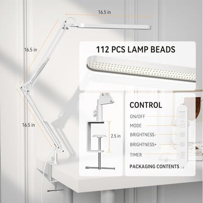 Led Desk Lamp - 31.5" Desk Light - 5 Color Modes X 11 Brightness Levels - Adjustable Swing Arm - Timmer & Memory Function - 12W Study Lamp - White - style: White swing arm