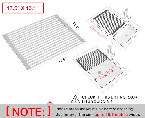 17.5 x 13.1 Inch Roll-Up Dish Drying Rack, Fits Across Sink Openings up to 16.5 Inches, Heavy-Duty Premium Silicone, Strong Support, Non-Slip, Heat-Resistant, Warm Gray - size: 17.5" x 13.1"