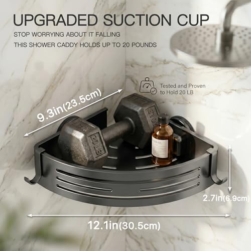 Shower Caddy Suction Cup, Rustproof Aluminum Shower Shelves with Hooks, No-Drilling Upgrade Bionic Suction Cup Shower Organizer, Removable Bathroom Storage Corner Shelf (Grey)