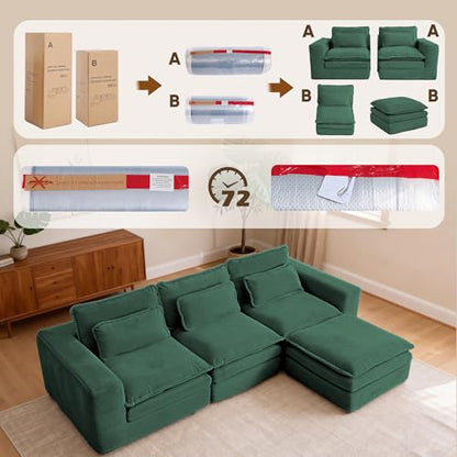 109" L Shape Modular Sectional Sofa with Ottoman, Boneless Couch Three-Layer Deep 3 Seat Convertible Pull Out Sofa Bed Sleeper for Living Room No Assembly 109" L-Green - size: 109"L