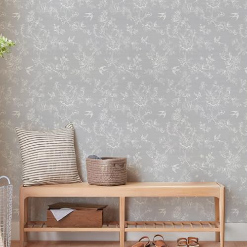 Simon&Siff Grey and White Vintage Floral Birds Peel and Stick Wallpaper | 1200" x 17.3" Removable Self Adhesive Waterproof Contact Paper, Renter Friendly Wall Paper for Cabinets, Furniture, DIY Decor - color: Grey and White, size: 17.3" x 1200"