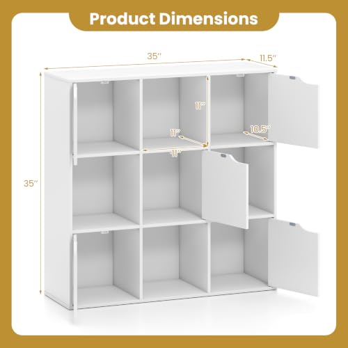 Giantex 9-Cube Storage Organizer, Storage Cabinet with 4 Open Cubes and 5 Cabinets, Freestanding Wooden Cubby Bookcase, Compartment Units for Home Office, 3-Tier Bookshelf for Books | Wooden Storage Cabinet, 4-Tier Freestanding Cubby Bookcase, Compartment