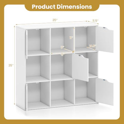 Giantex 9-Cube Storage Organizer, Storage Cabinet with 4 Open Cubes and 5 Cabinets, Freestanding Wooden Cubby Bookcase, Compartment Units for Home Office, 3-Tier Bookshelf for Books | Wooden Storage Cabinet, 4-Tier Freestanding Cubby Bookcase, Compartment