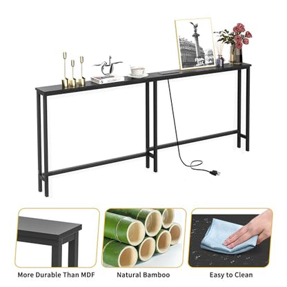 VASMIA 70.9 Inch Narrow Console Table with Outlet,Bamboo Sofa Table,Behind Couch Table,Skinny Hallway Table for Entryway Living Room,Foyer,Black - color: Black, size: 5.91"D x 70.87"W x 29.52"H
