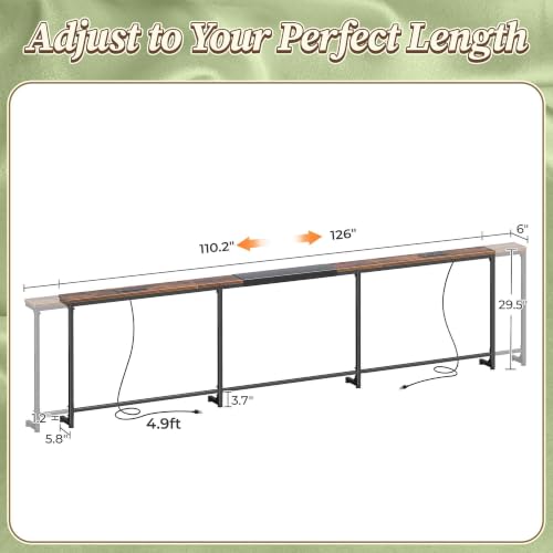 Huuger 110.2-133.8'' Extendable Behind Couch Table with Outlets, Rustic Brown - color: Rustic Brown, size: 110.2- 133.8"W x 29.5"H