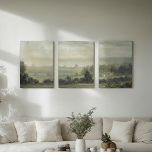 WALUPLL 3 PCS Landscape Wall Art Canvas Green Landscape Wall Art Nature Countryside Painting Poster Pastoral Rustic Scenery Wall Decor for Living Room Bedroom 16x24 Inch Ready to Hang - color: Green, size: 24"L x 16"W
