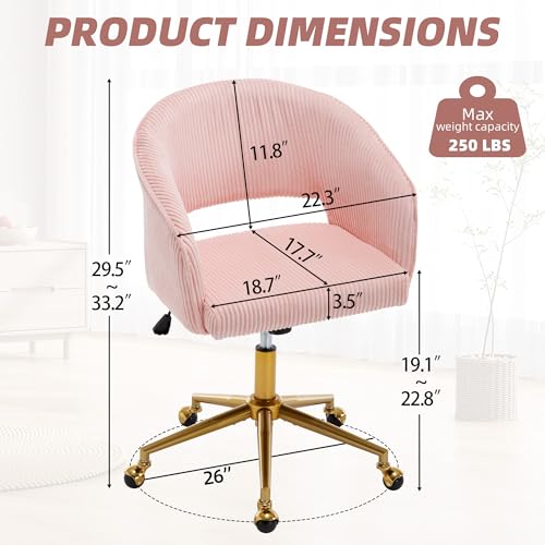 Desk Chair with Wheels, Gold Base, Corduroy Vanity Armchair, Pink | Spacious‌ Soft Seat, Swivel Height Adjustable, Rocking Function, Modern Gold Base for Girls &Women Bedroom Makeup or Nail - color: Pink Corduroy