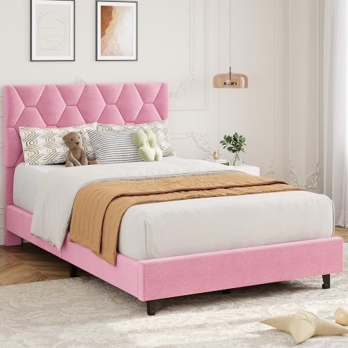 GAOMON Pink Twin Bed Frame with Upholstered Headboard, Heavy-Duty Platform Bed Frame with Strong Wood Slats, No Box Spring Needed/Noise Free/Easy Assembly | Heavy-Duty Bed Frame with Wooden Slats Support Upholstered Mattress Foundation No Box Spring Neede