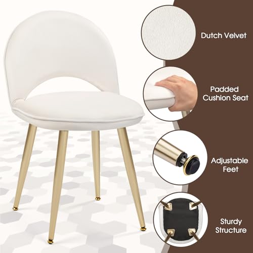 Vanity Chair with Adjustable Backrest, Velvet Upholstery Armless Makeup Stool, White Vanity Stool with Gold Metal Legs for Bedroom Living Room Kitchen Dinning Room (Velvet White) - color: Gold and Off White