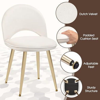 Vanity Chair with Adjustable Backrest, Velvet Upholstery Armless Makeup Stool, White Vanity Stool with Gold Metal Legs for Bedroom Living Room Kitchen Dinning Room (Velvet White) - color: Gold and Off White