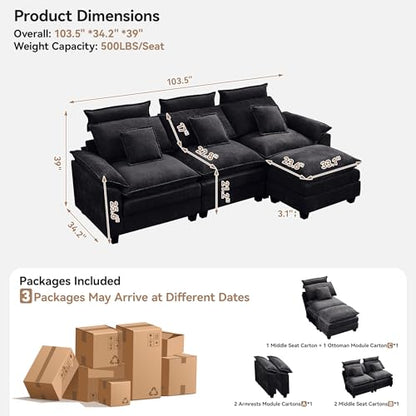 103'' Cloud Modern 3 Seater Couch with Detachable Headrest, Modular Sectional Sofa with Ottoman, Oversized L Shape Chenille Comfy Sofa with Armrests for Living Room, Dark Grey - color: Dark Grey, size: L Shaped Couch