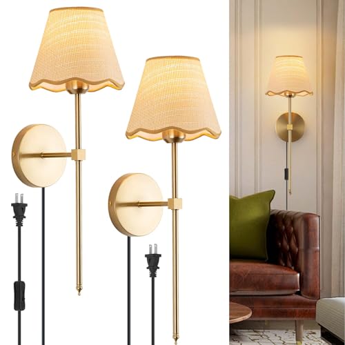 ADISUN Wall Sconce Set of 2, Gold Plug in Wall Lamps for Living Room, Hardwired, Rattan Shade Wall Lights Fixture for Bedroom Living Room Hallway Kitchen - color: Gold, 20inch