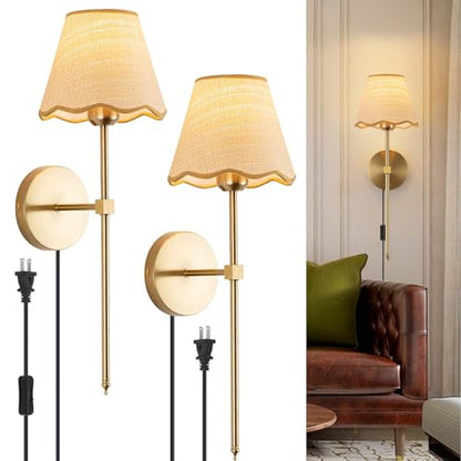 ADISUN Wall Sconce Set of 2, Gold Plug in Wall Lamps for Living Room, Hardwired, Rattan Shade Wall Lights Fixture for Bedroom Living Room Hallway Kitchen - color: Gold, 20inch