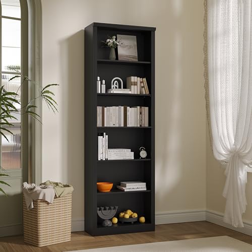 Thacuok Black Bookshelf, 75" Tall Bookcase, 6 Tier Adjustable Storage Shelves, Book Shelf with Anti-Tipping Device, Floor Standing Modern Display Rack for Living Room, Bedroom, Office - color: Black