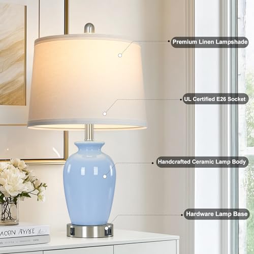 23" Light Blue Ceramic Table Lamp Set of 2 for Bedroom, Modern Bedside Lamps for Nightstand Living Room Office Dining Room SideTable - color: Light Blue