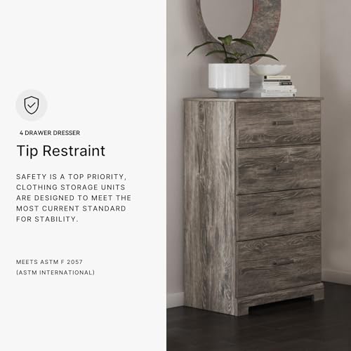 Signature Design by Ashley Ralinksi 4-Drawer Dresser Chest, Warm Gray | Engineered wood (MDF/particleboard/plywood) and decorative laminate, Rustic modern style, Replicated oak grain, Bedroom use - color: Grayish Brown, style: Chest of Drawers