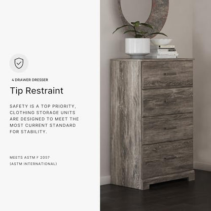 Signature Design by Ashley Ralinksi 4-Drawer Dresser Chest, Warm Gray | Engineered wood (MDF/particleboard/plywood) and decorative laminate, Rustic modern style, Replicated oak grain, Bedroom use - color: Grayish Brown, style: Chest of Drawers