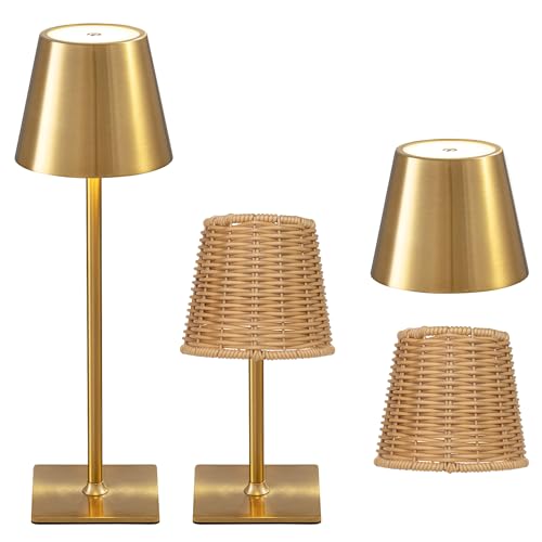 Mr. White Outdoor Waterproof Cordless Set of 2 Rechargeable Portable Top Touch Battery Operated Powered LED Table Lamp Desk Lamp Lights for Restaurant Kitchen Patio Dinner Dining (Gold 2 Pack) - color: (2 Pack)Gold+Wicker Lampshade