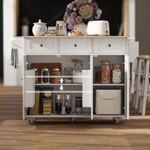 HOMCOM Rolling Kitchen Island Power Outlet Drop Leaf 53" Wood Top White | Island Table, 3 Drawers, Adjustable Shelf, Spice & Towel Rack, Kitchen Cart on Wheels