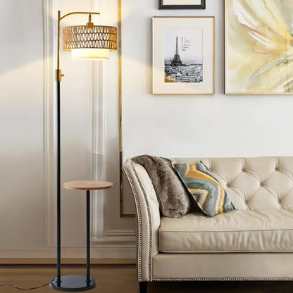 Dimmable Floor Lamp with Table and Marble Base, Arc Floor Lamp with Dimmable Bulb, Boho Farmhouse Standing lamp with Fabric & Rattan Lampshades for Living Room Bedroom (Black and Gold) - color: Black and Gold