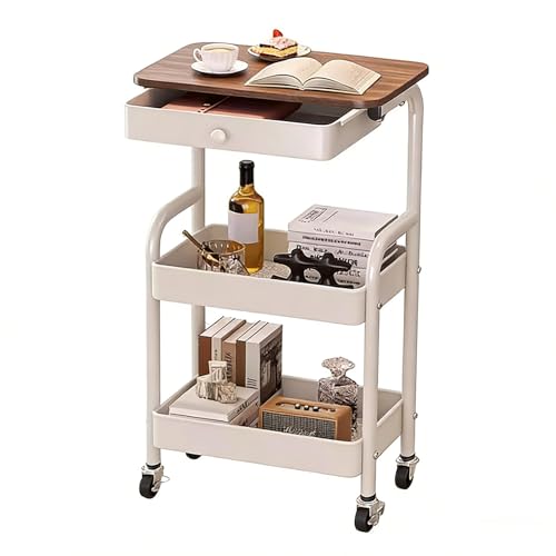 3-Tier Rolling Utility Cart with Drawers, Solid Wood Tabletop Metal Storage Cart, 360° Swivel Wheels & 2 Lockable Casters, Lightweight Mobile Organizer Trolley for Kitchen Living Room Bathroom - color: White