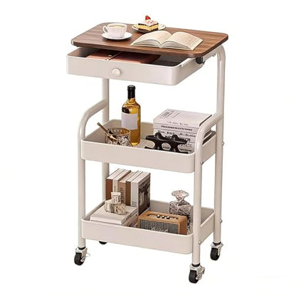 3-Tier Rolling Utility Cart with Drawers, Solid Wood Tabletop Metal Storage Cart, 360° Swivel Wheels & 2 Lockable Casters, Lightweight Mobile Organizer Trolley for Kitchen Living Room Bathroom - color: White