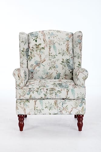 GDFStudio Modern Wingback Accent Chair with Solid Wood Legs and Cushion, Comfy Upholstered Floral Pattern Armchair, Retro Leisure Single Sofa Chair for Living Room Bedroom Home, Antique Blue 1 - color: Antique Blue 1